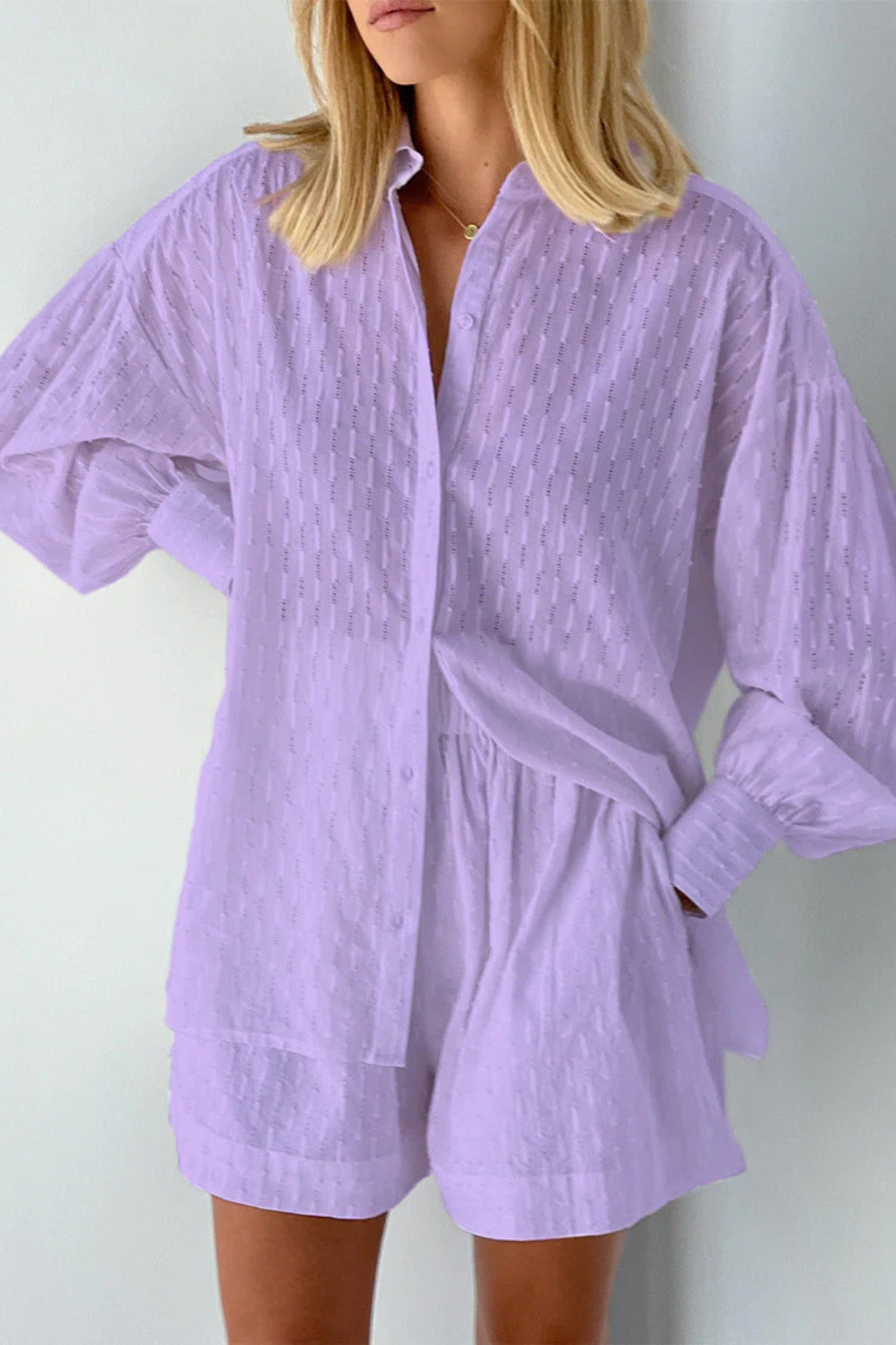 Darla | Women Oversized Long Sleeve Broderie Shirt and Matching Shorts Summer Set