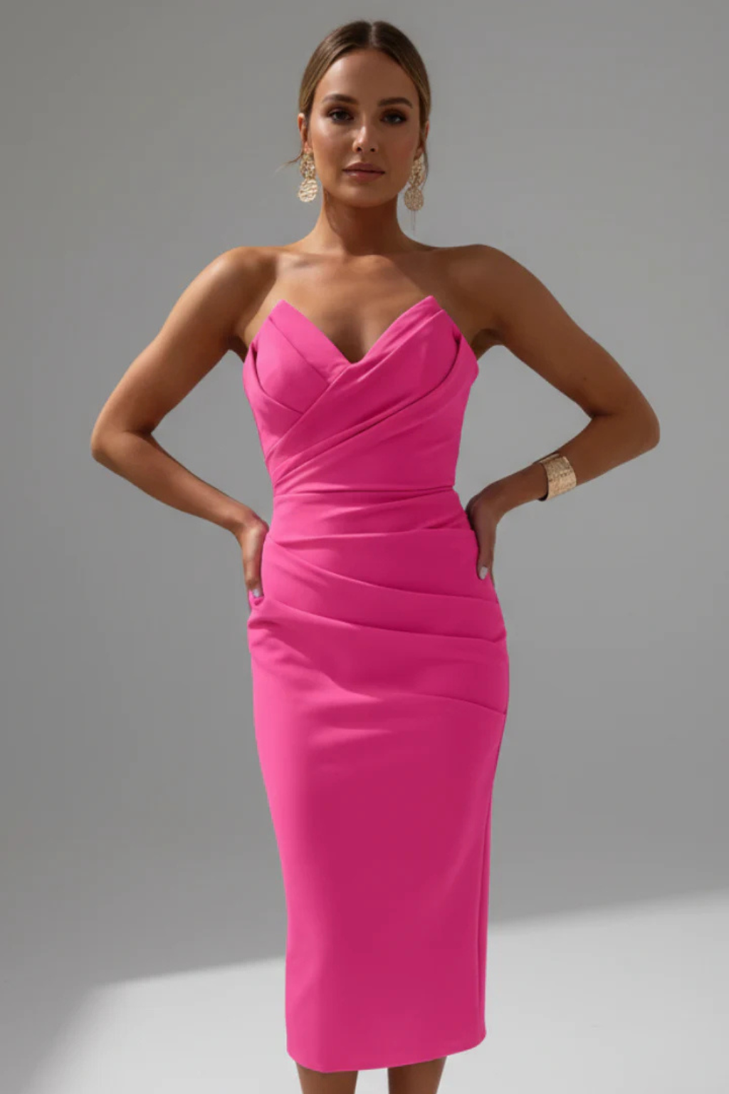 Genevieve | Women Strapless Sweetheart Neckline Ruched Midi Dress