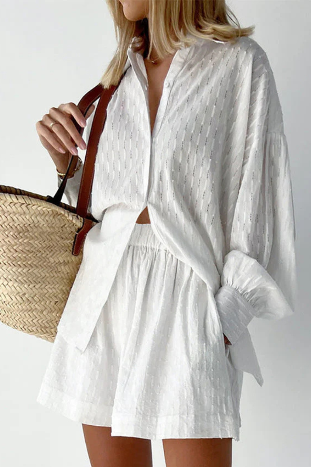 Darla | Women Oversized Long Sleeve Broderie Shirt and Matching Shorts Summer Set