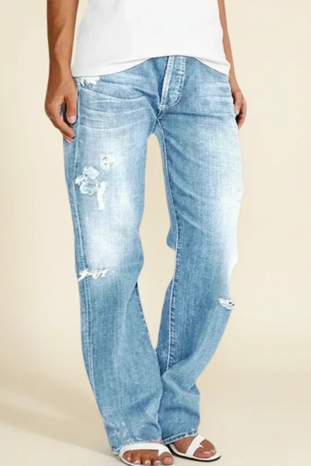 Paige | Women Distressed Mid Rise Straight Leg Jeans