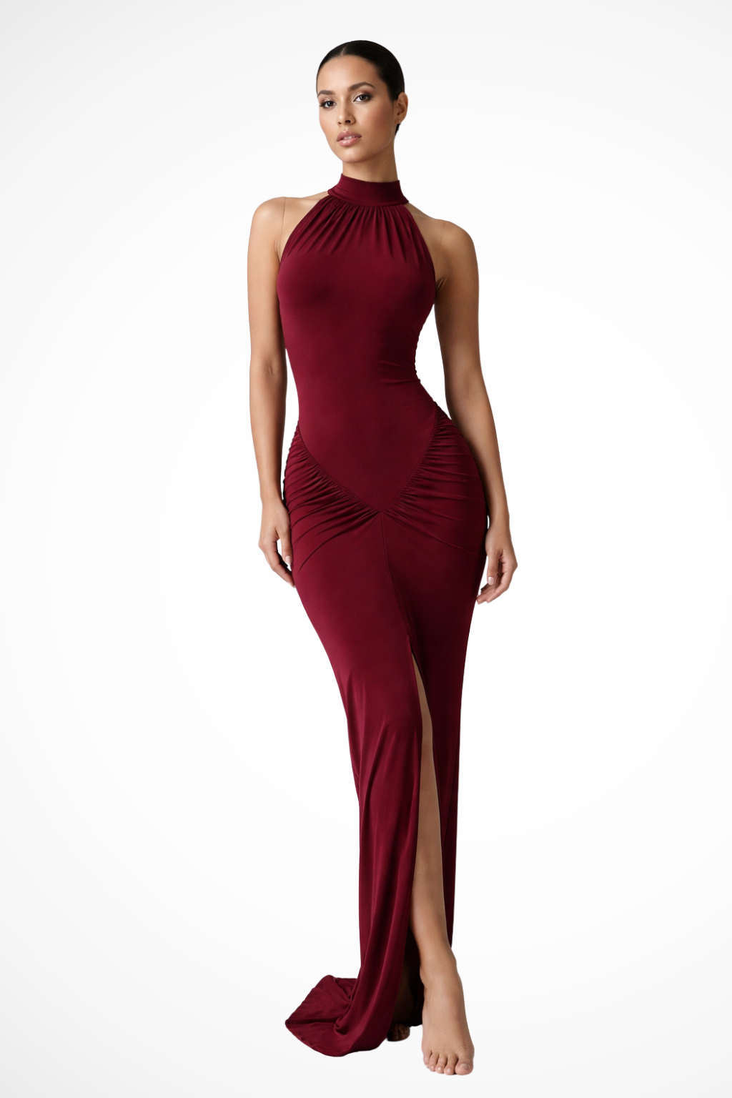 Ravelle | Women Halter Neck Sleeveless Ruched Slit Baby Shower Maxi Dress