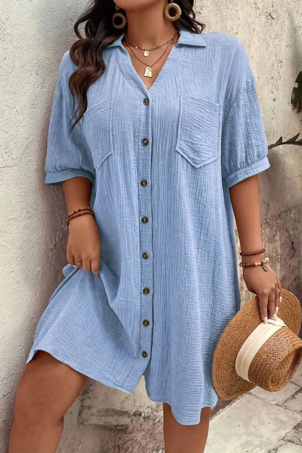 Rosalind | Women’s Short Sleeve Button Up Shirt Midi Dress