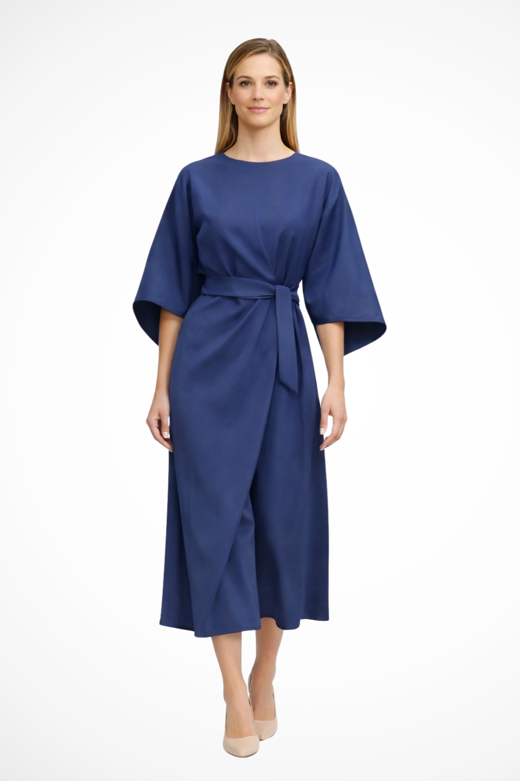 Valeria | Women’s Belted Lantern Sleeve Midi Dress