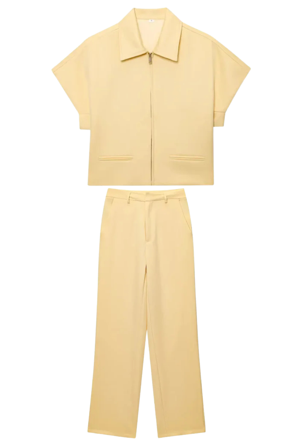 Elvona | Women Short Sleeve Zip Front Two Piece Set with Wide Leg Trousers