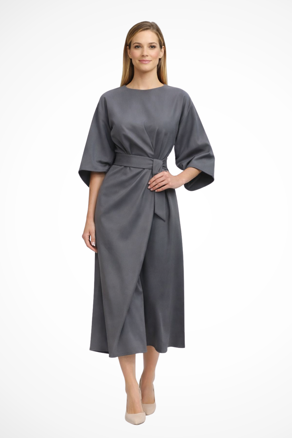 Valeria | Women’s Belted Lantern Sleeve Midi Dress