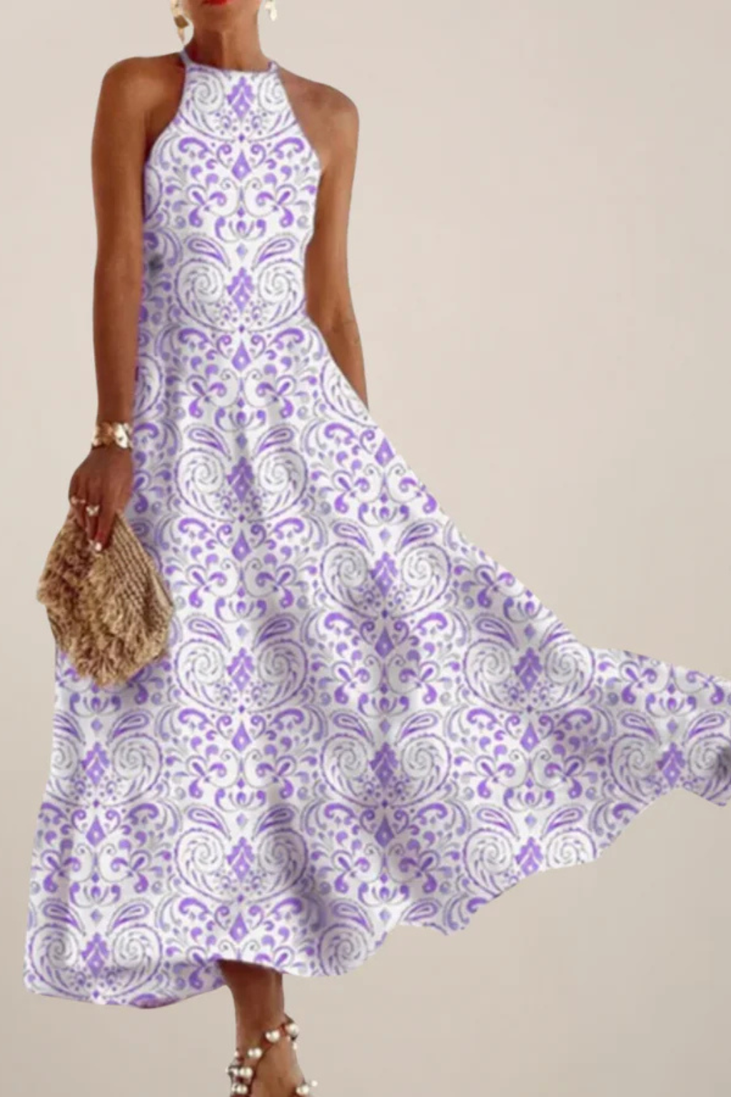 Aurelin | Women Sleeveless A Line Maxi Dress with Halter Neck