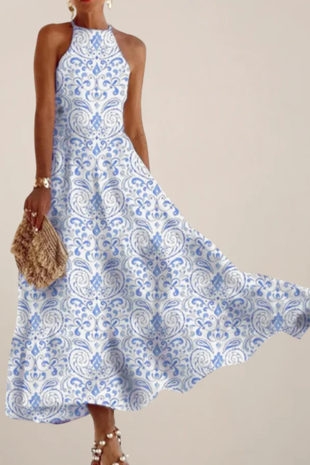 Aurelin | Women Sleeveless A Line Maxi Dress with Halter Neck