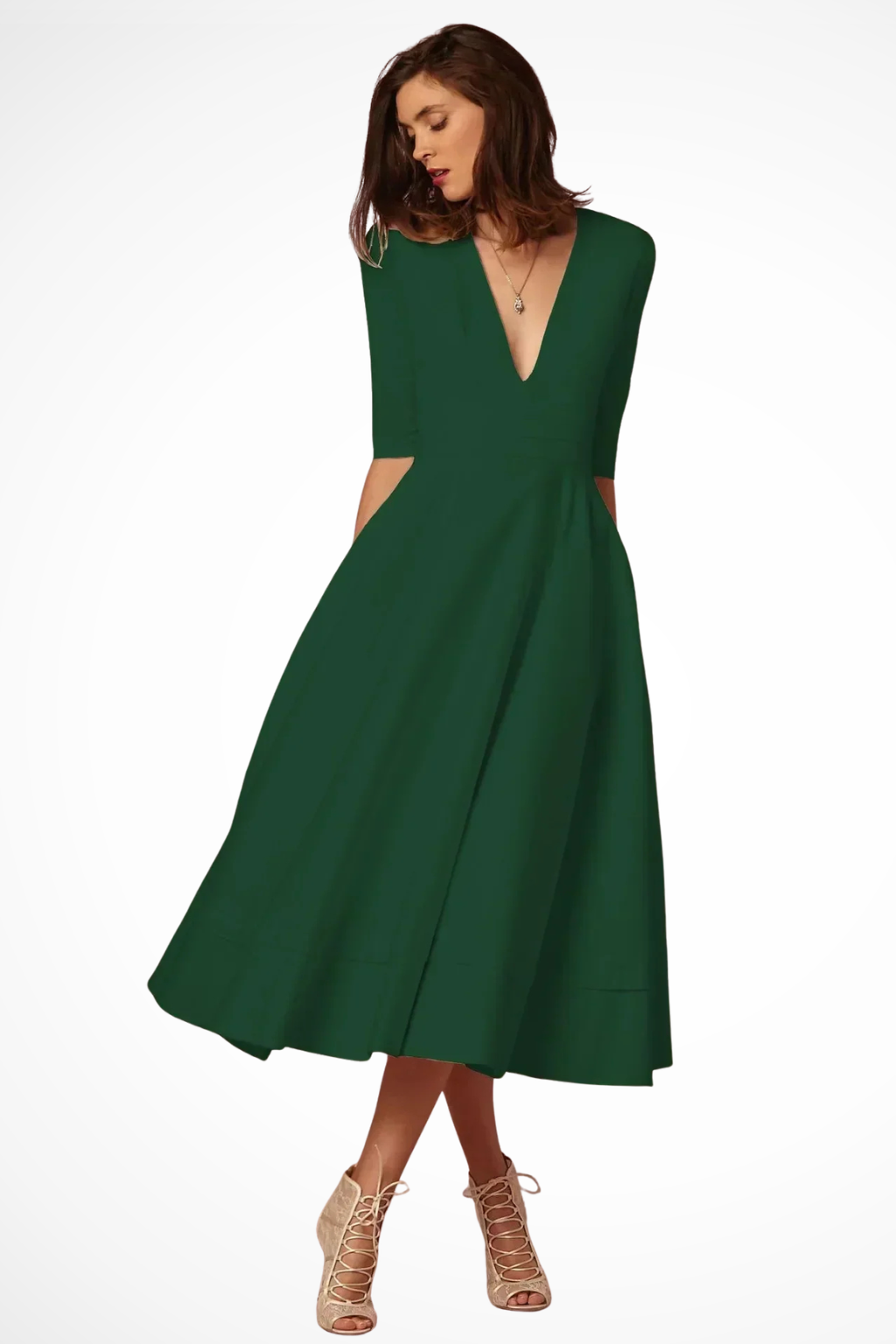 Roselle | Women Deep V Neck Half Sleeve Fitted Flared Midi Dress