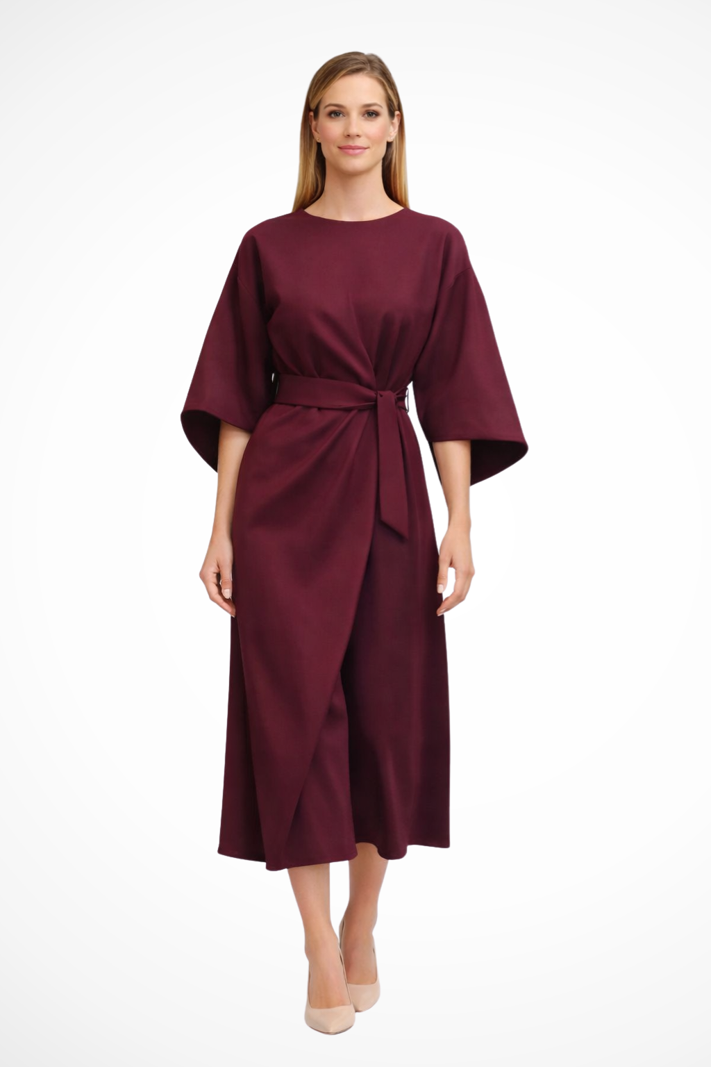 Valeria | Women’s Belted Lantern Sleeve Midi Dress