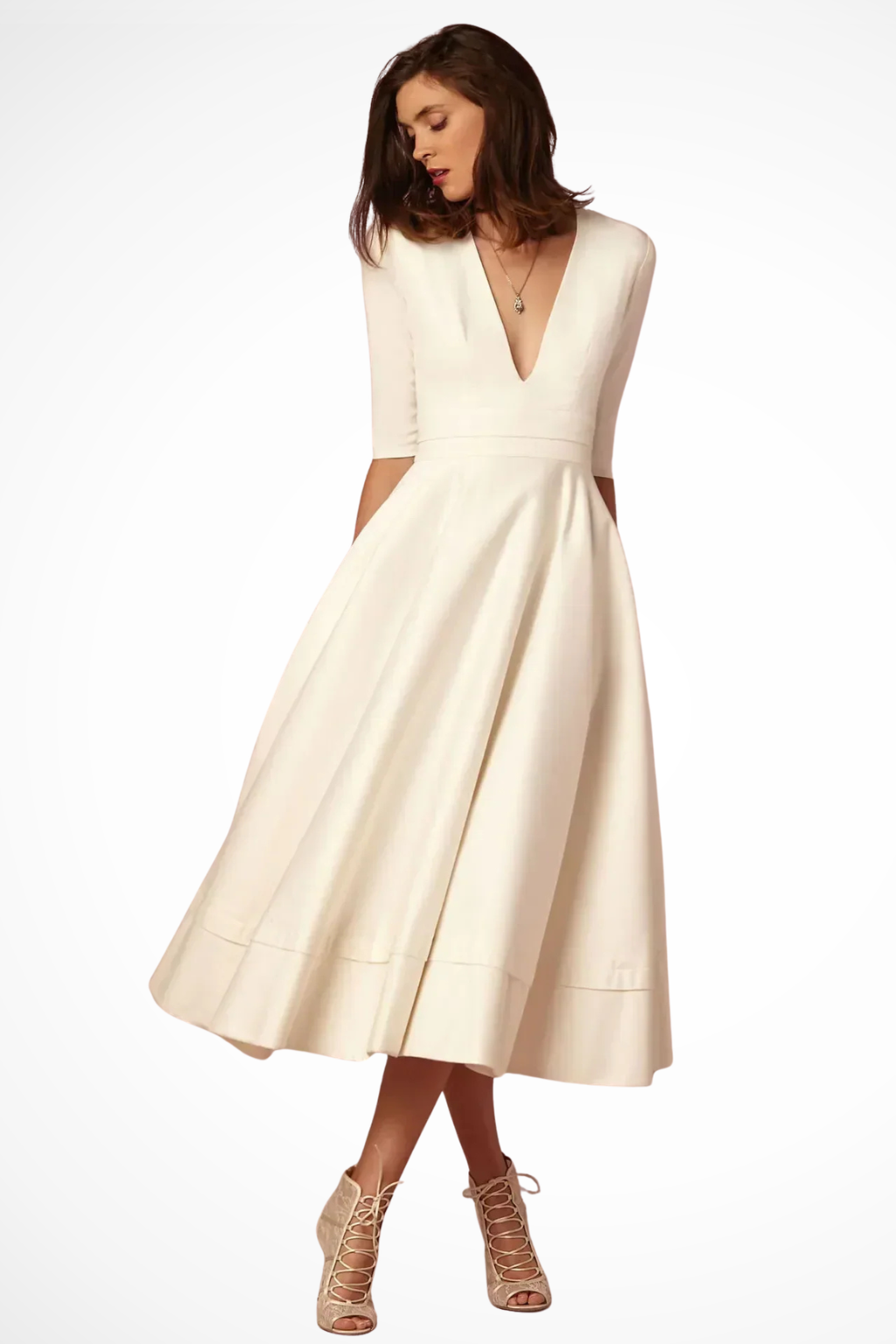 Roselle | Women Deep V Neck Half Sleeve Fitted Flared Midi Dress