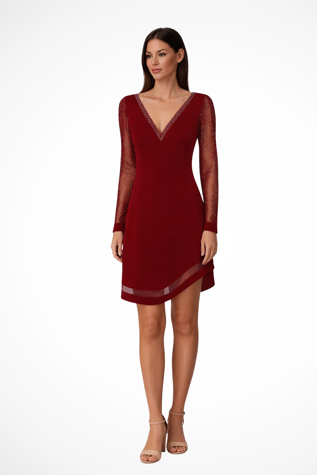 Aureline | Women Wedding Guest V Neck Midi Dress with Sheer Long Sleeves