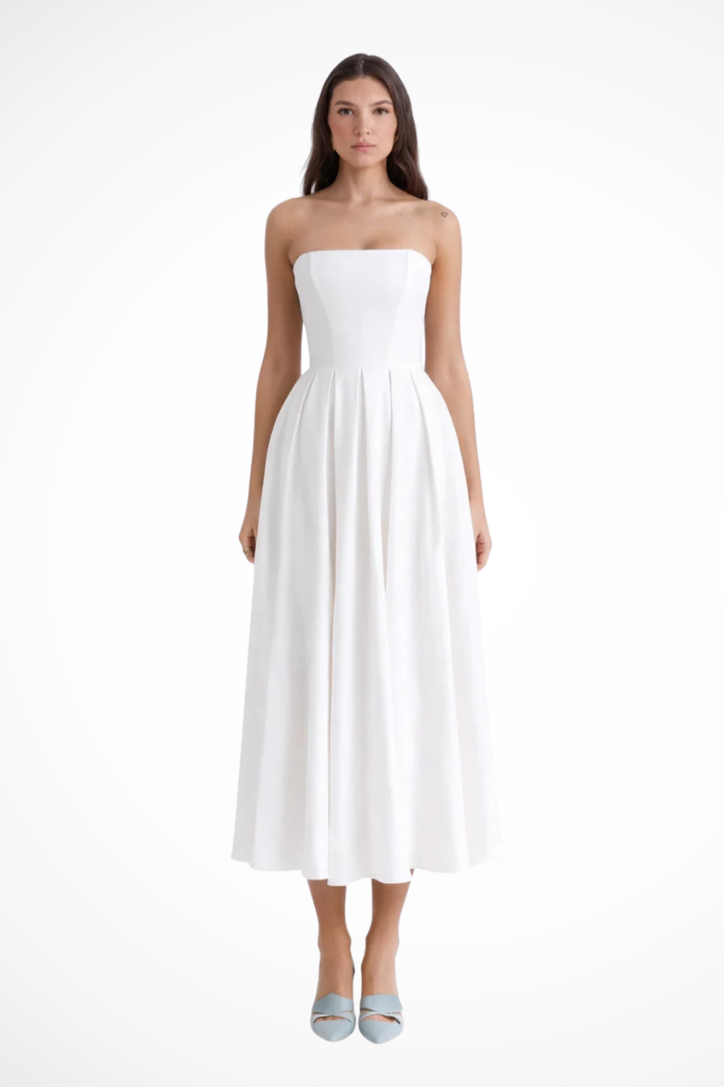 Everly | Women Strapless Corset Midi Dress with Flared Skirt