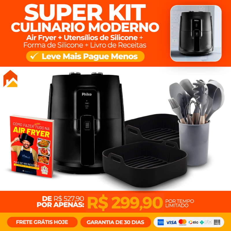 Super Kit Culinário Moderno - Air Fryer Philco + Utensílios de silicone + Forma de Silicone + Livro de Receitas
