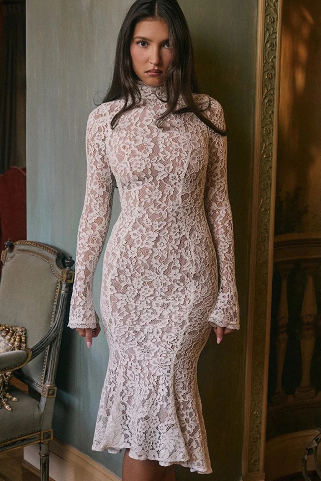 Briony | Women High Neck Lace Midi Wedding Guest Dress with Long Sleeves