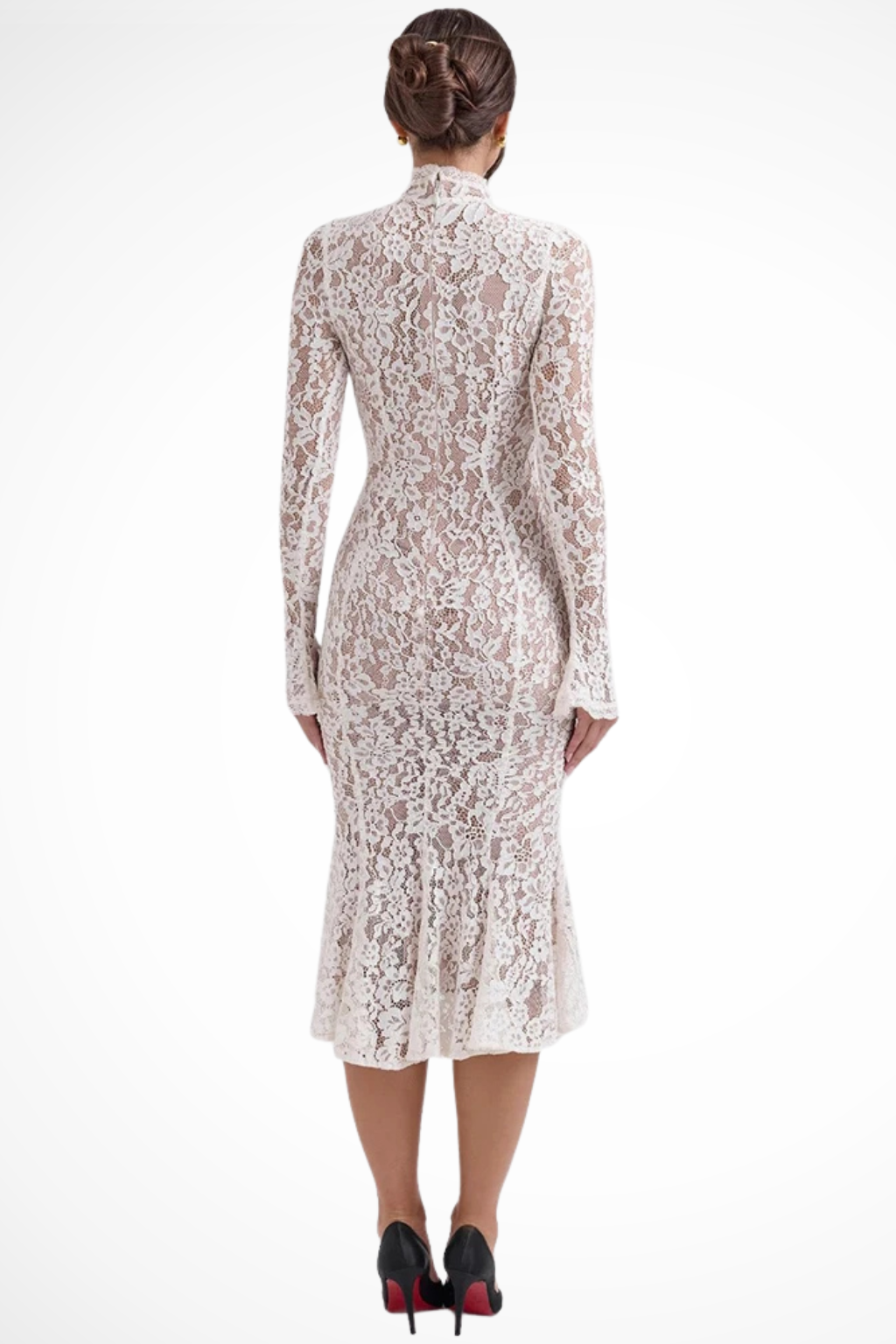 Briony | Women High Neck Lace Midi Wedding Guest Dress with Long Sleeves