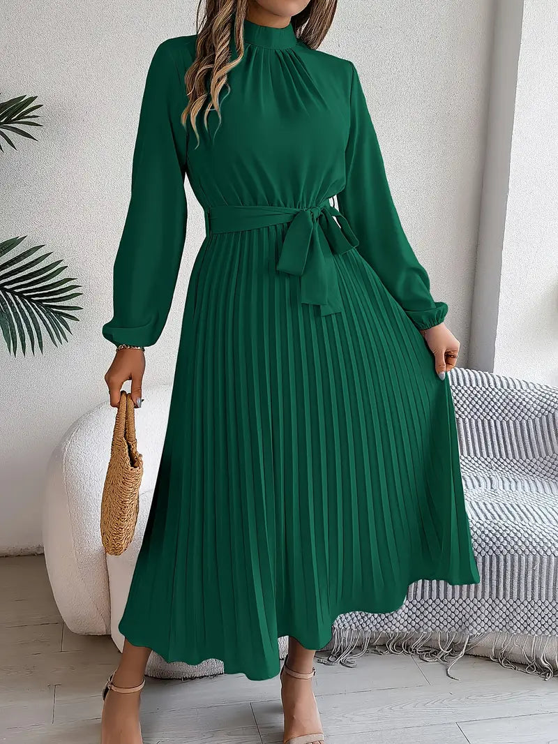 Harriet | Women’s Long Sleeve Pleated Midi Dress with Belt