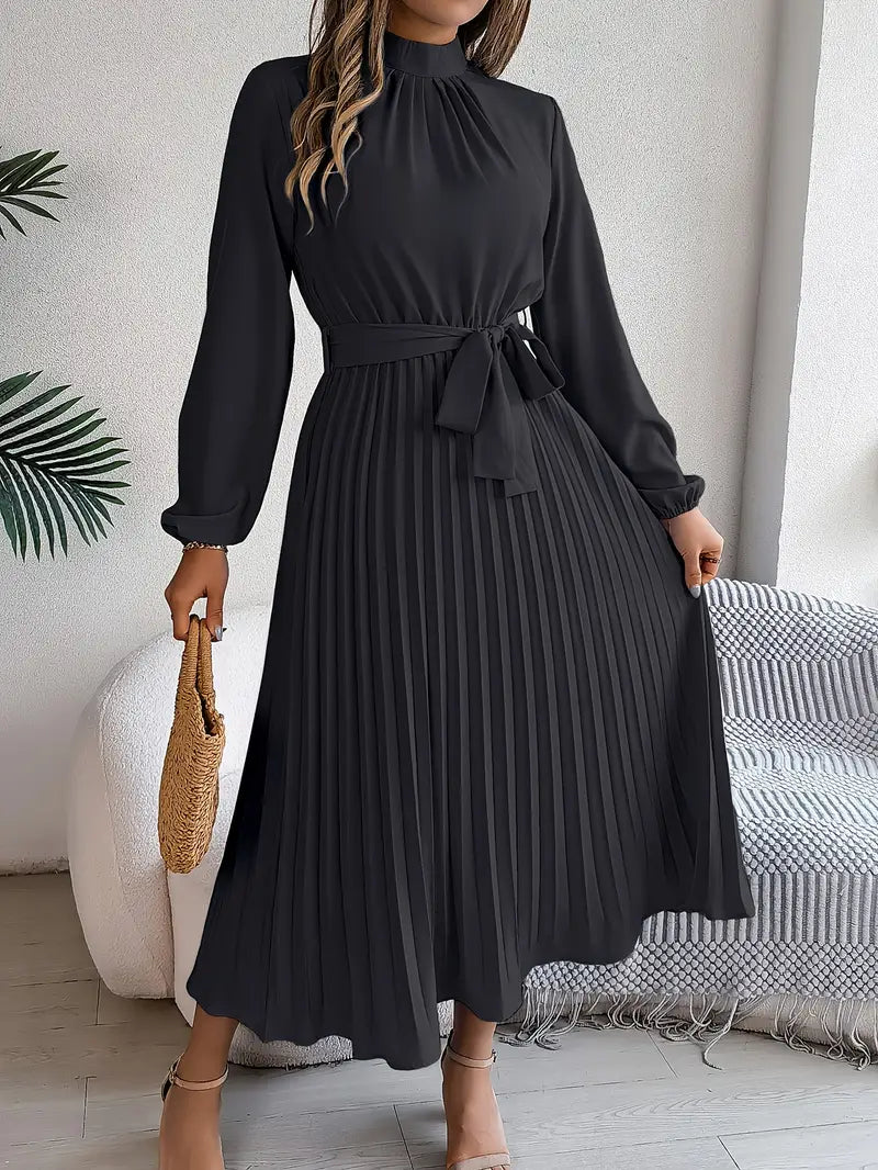 Harriet | Women’s Long Sleeve Pleated Midi Dress with Belt