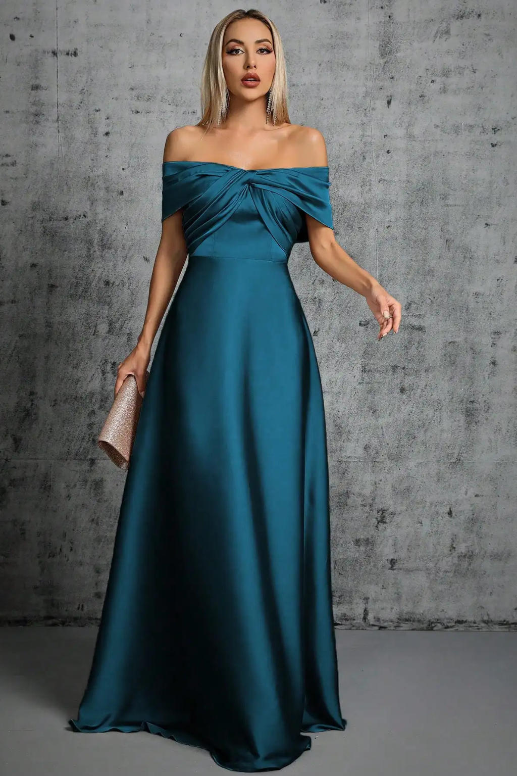 Lauren | Women Off Shoulder Twisted Knot Pleated Satin Wedding Guest Maxi Dress