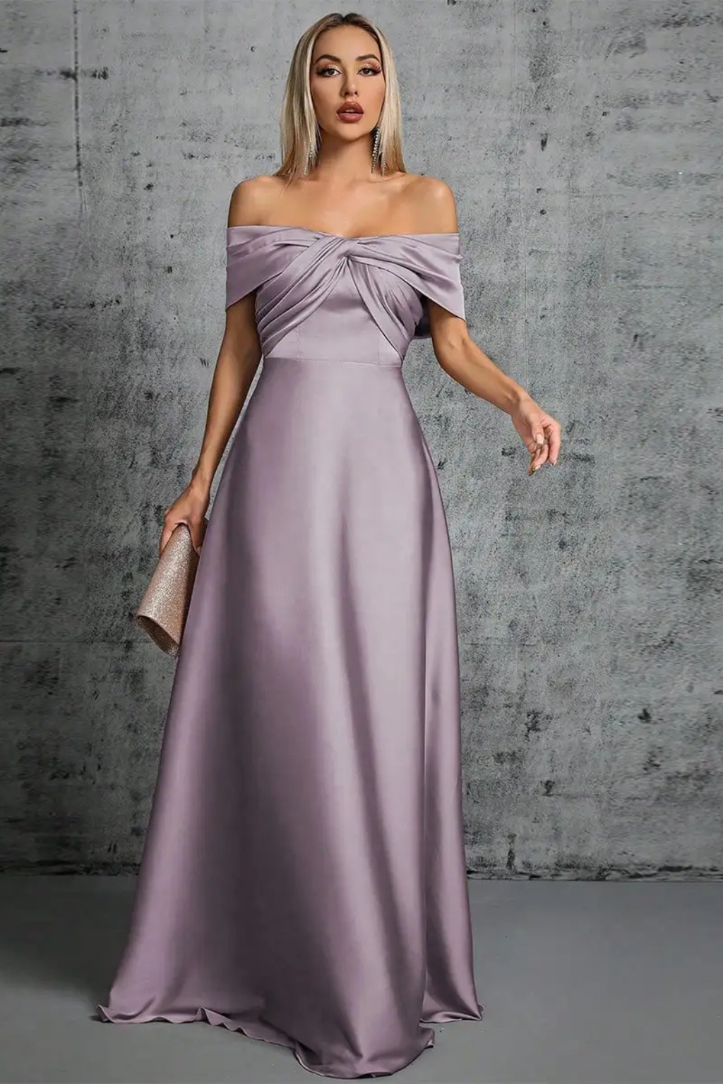 Lauren | Women Off Shoulder Twisted Knot Pleated Satin Wedding Guest Maxi Dress