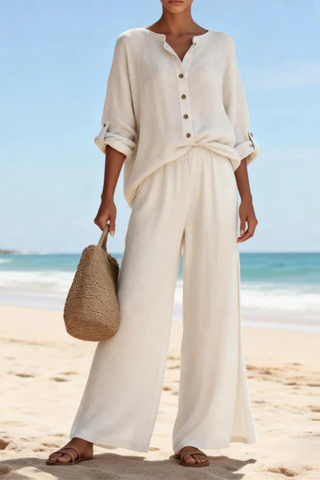 Clementine | Women Button Blouse and Wide Leg Trousers Suit Set