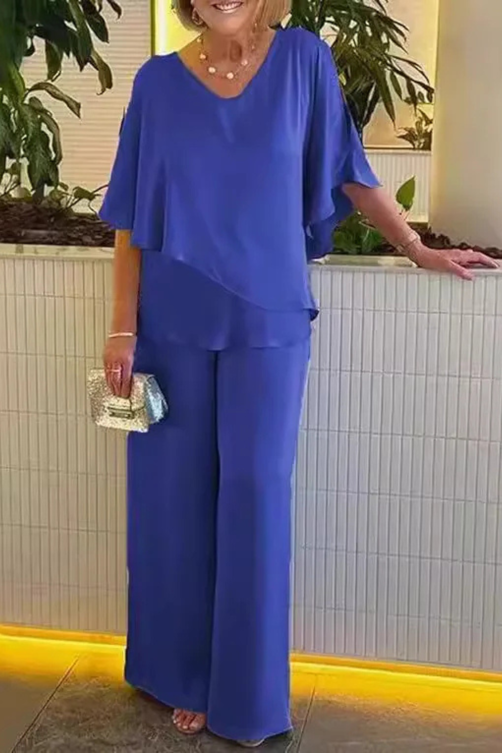 Serena | Women V Neck Batwing Sleeve Top and Wide Leg Trousers Two Piece Set