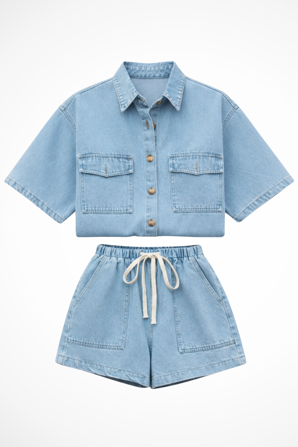 Sadie | Women Denim Button Down Shirt and Drawstring Shorts Set