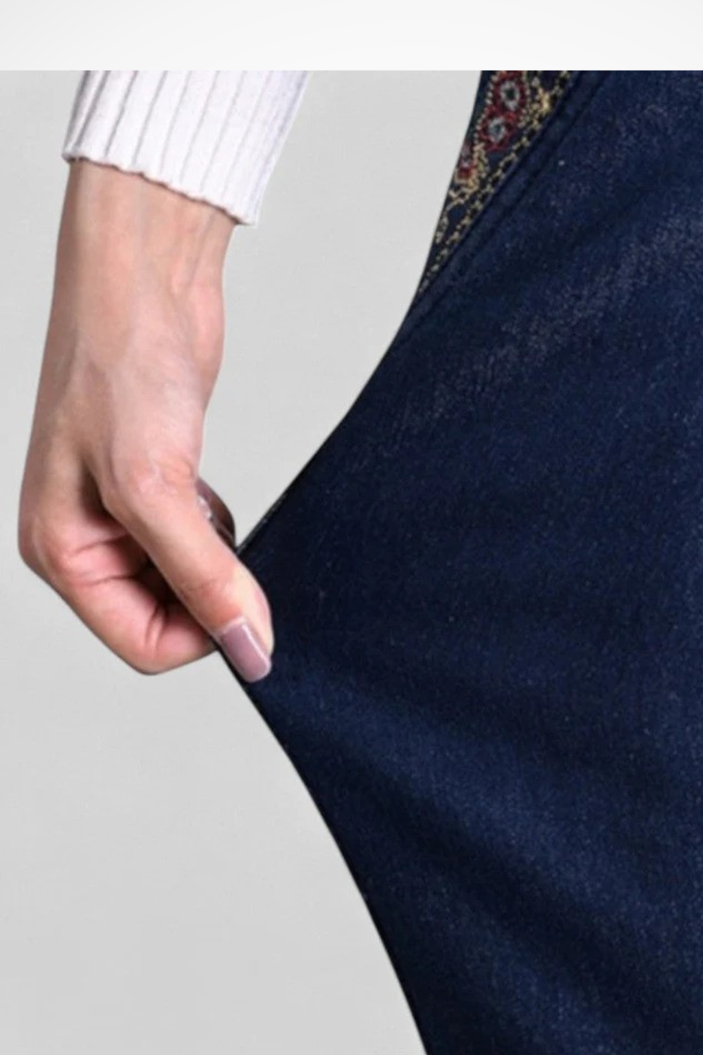 Millie | Women Elastic Waist Straight Leg Denim Trousers with Embroidered Detail