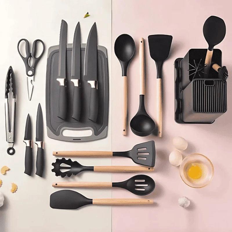 Kit 19 Peças Utensílios de Cozinha com Tábua — Silicone Premium, Não Risca e Resiste a Altas Temperaturas
