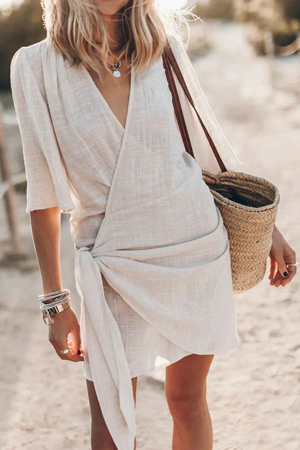 Lowri | Women Wrap Mini Dress with Tie Waist and Short Sleeves