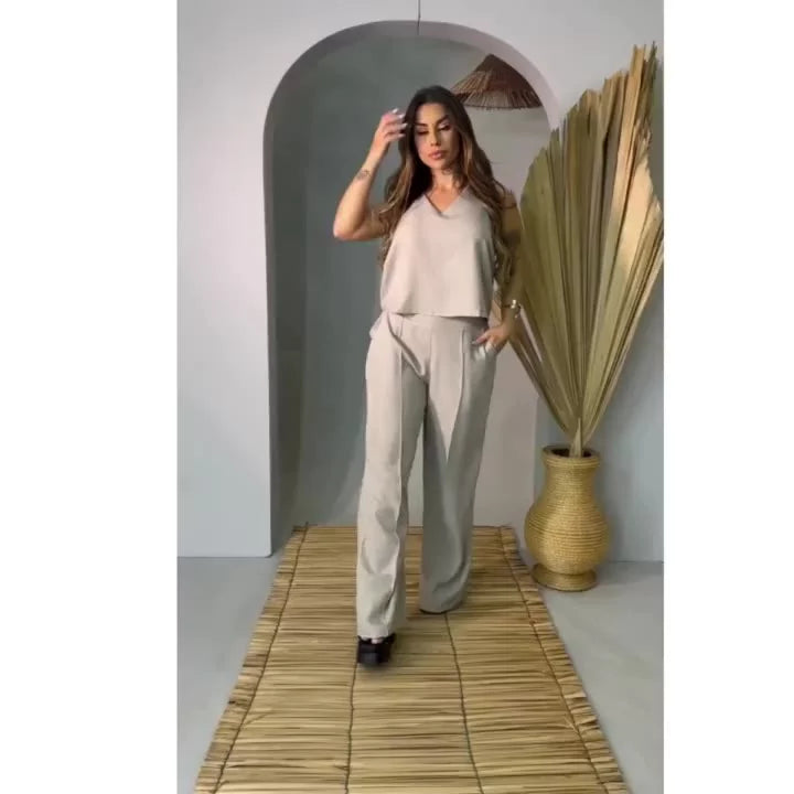 Kit 2 Conjunto Feminino Alfaiataria De Calça Pantalona E Blusa Regata Social Básica Verão Soltinho