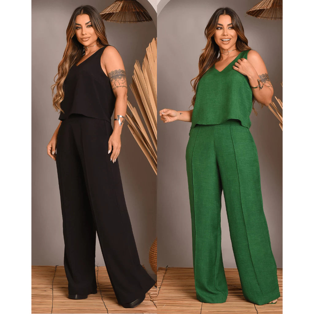Kit 2 Conjunto Feminino Alfaiataria De Calça Pantalona E Blusa Regata Social Básica Verão Soltinho