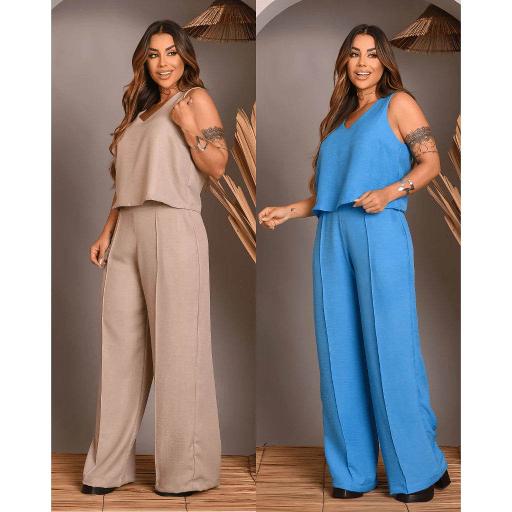 Kit 2 Conjunto Feminino Alfaiataria De Calça Pantalona E Blusa Regata Social Básica Verão Soltinho
