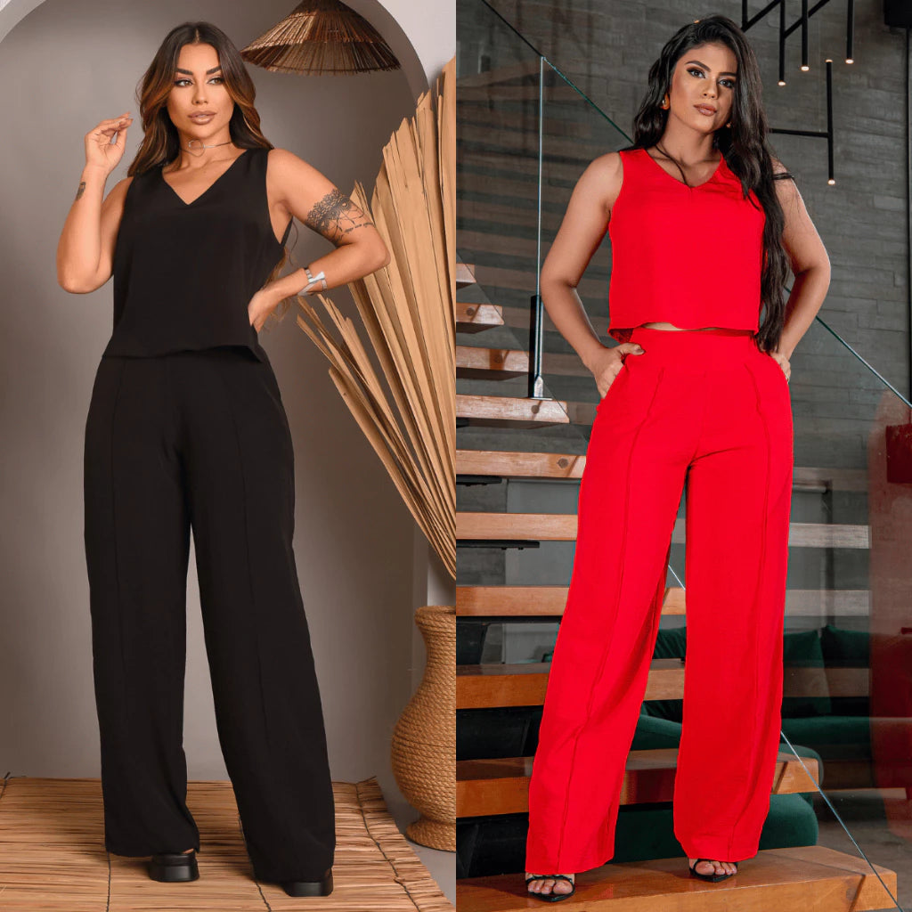 Kit 2 Conjunto Feminino Alfaiataria De Calça Pantalona E Blusa Regata Social Básica Verão Soltinho