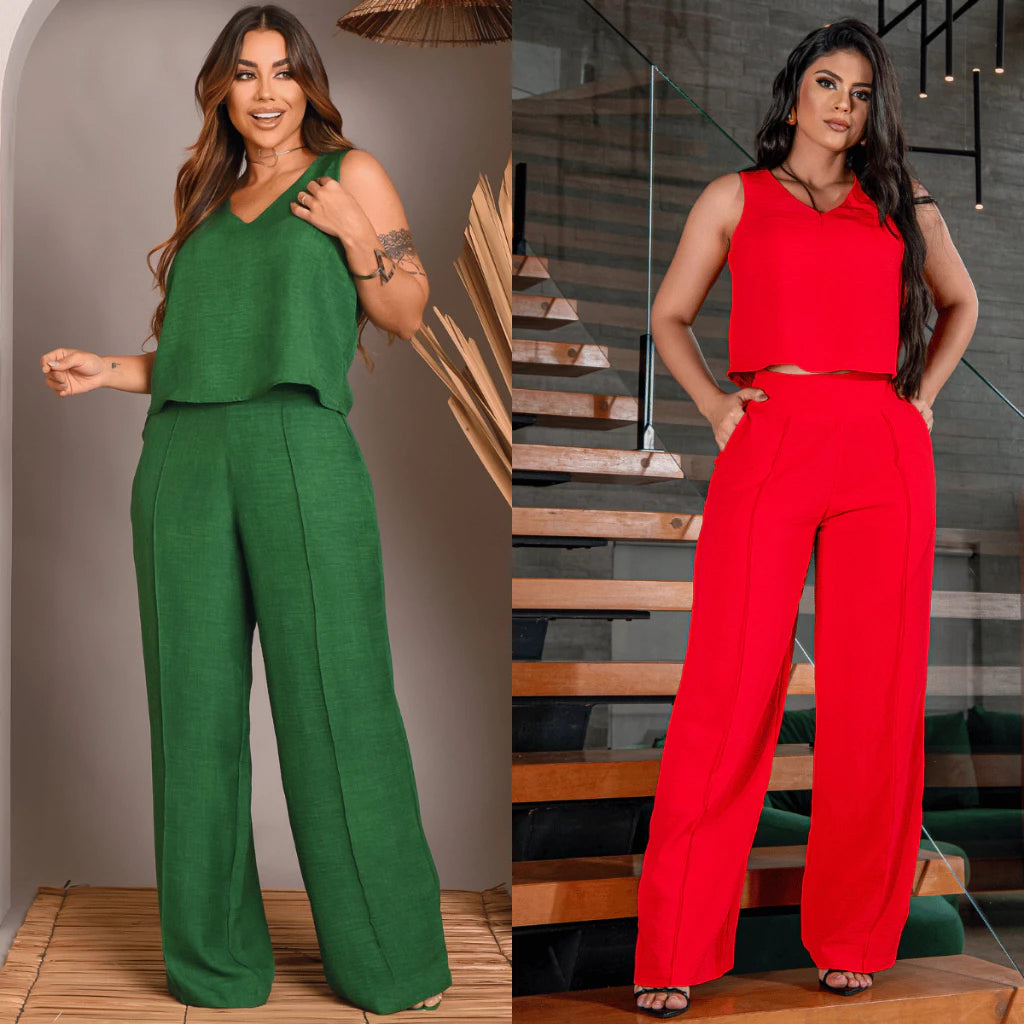 Kit 2 Conjunto Feminino Alfaiataria De Calça Pantalona E Blusa Regata Social Básica Verão Soltinho