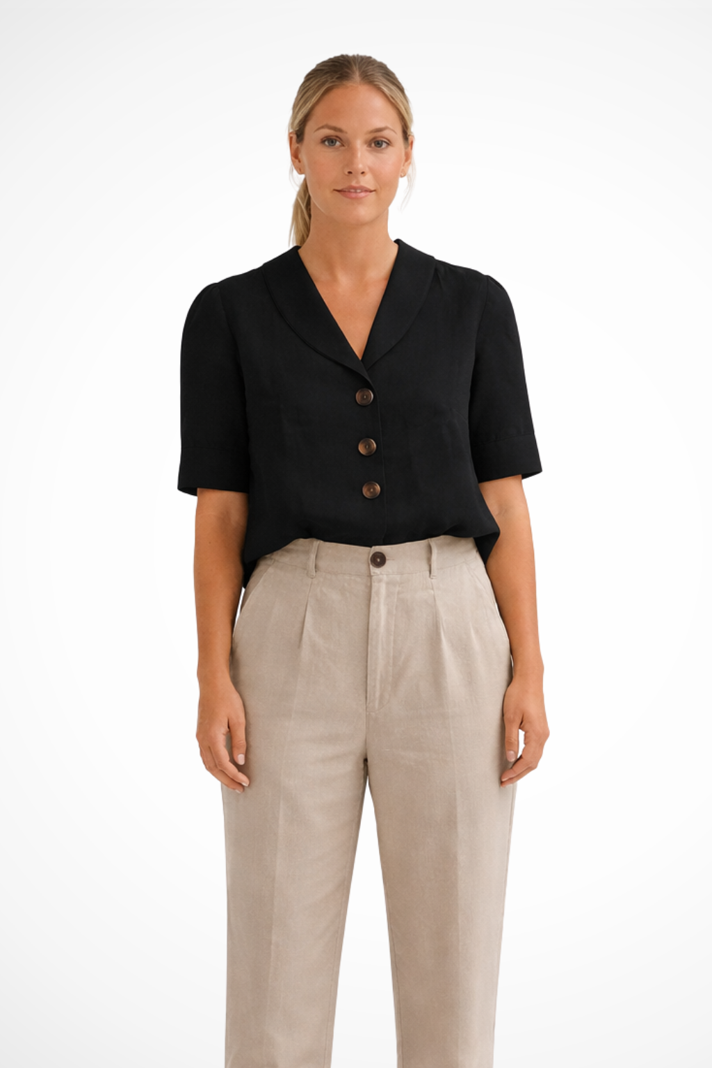 Solène | Women Casual Button Front Linen Blend Blouse with Soft Collar