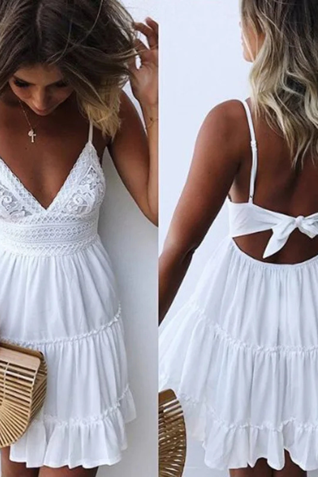 Freja | Women’s White Lace Summer Midi Dress with Spaghetti Straps & Open Back