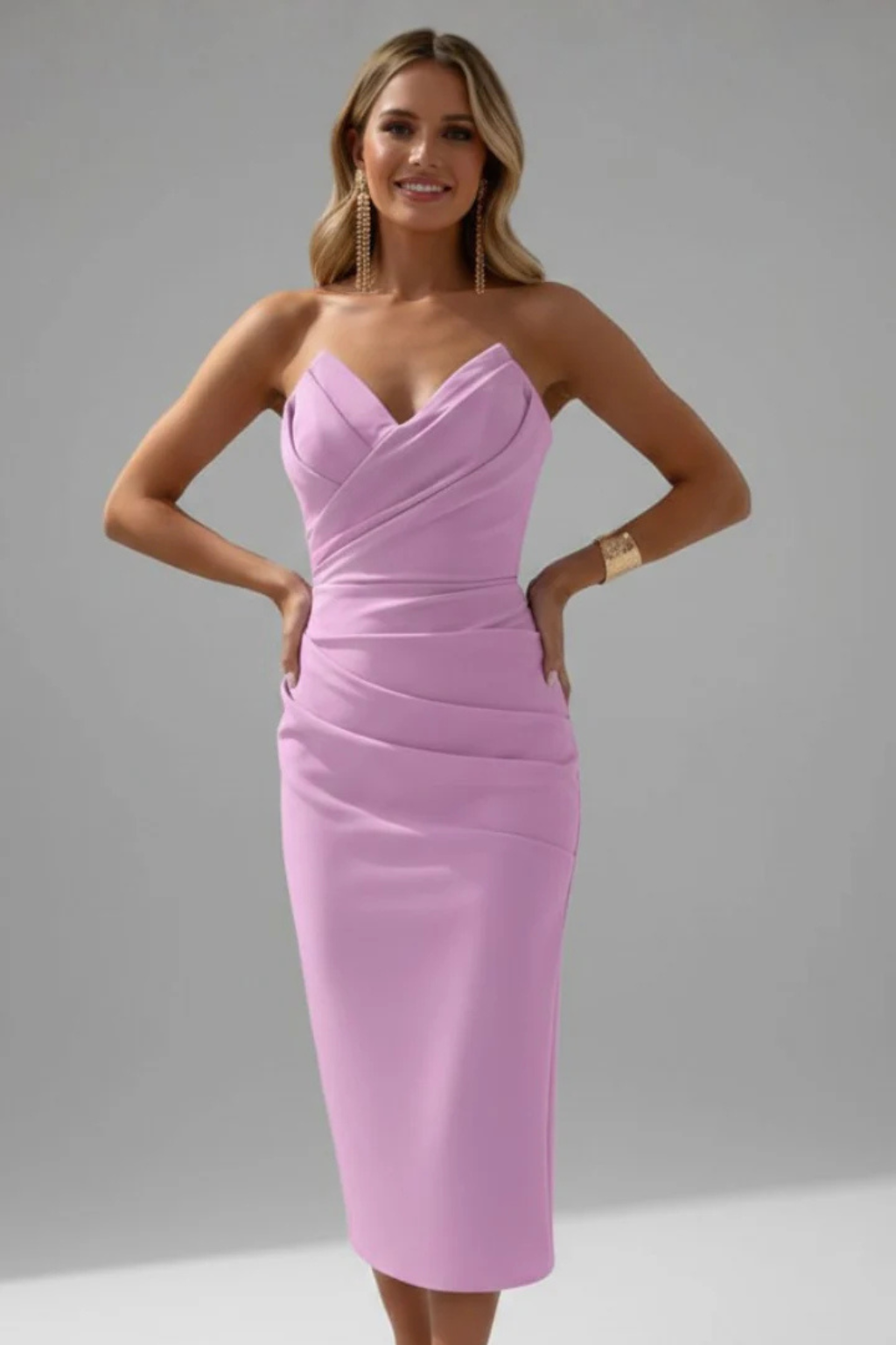 Genevieve | Women Strapless Sweetheart Neckline Ruched Midi Dress