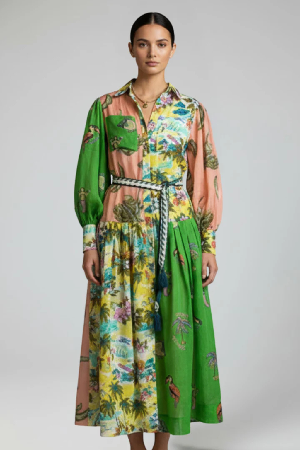 Thea | Women Long Sleeve V Neck Printed Tiered Maxi Dress