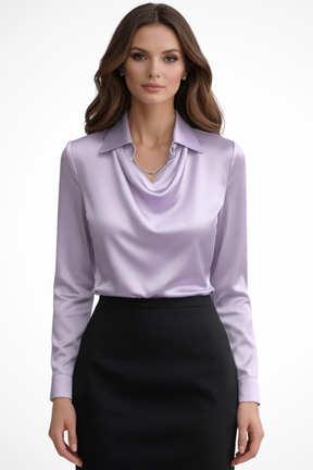 Lyra | Women’s Satin Long Sleeve Draped Neck Blouse