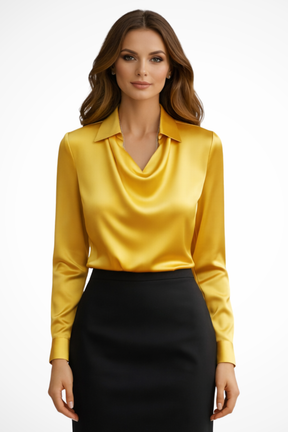 Lyra | Women’s Satin Long Sleeve Draped Neck Blouse