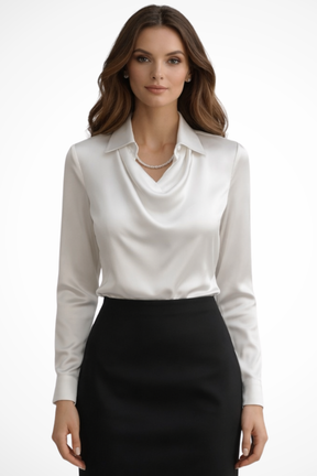 Lyra | Women’s Satin Long Sleeve Draped Neck Blouse