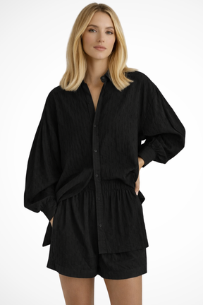 Darla | Women Oversized Long Sleeve Broderie Shirt and Matching Shorts Summer Set