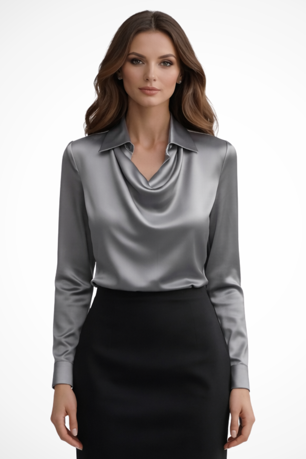 Lyra | Women’s Satin Long Sleeve Draped Neck Blouse