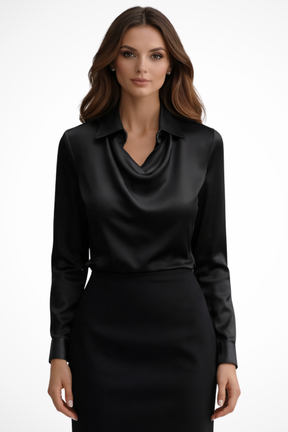 Lyra | Women’s Satin Long Sleeve Draped Neck Blouse