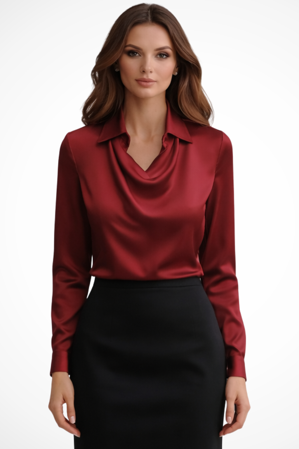 Lyra | Women’s Satin Long Sleeve Draped Neck Blouse