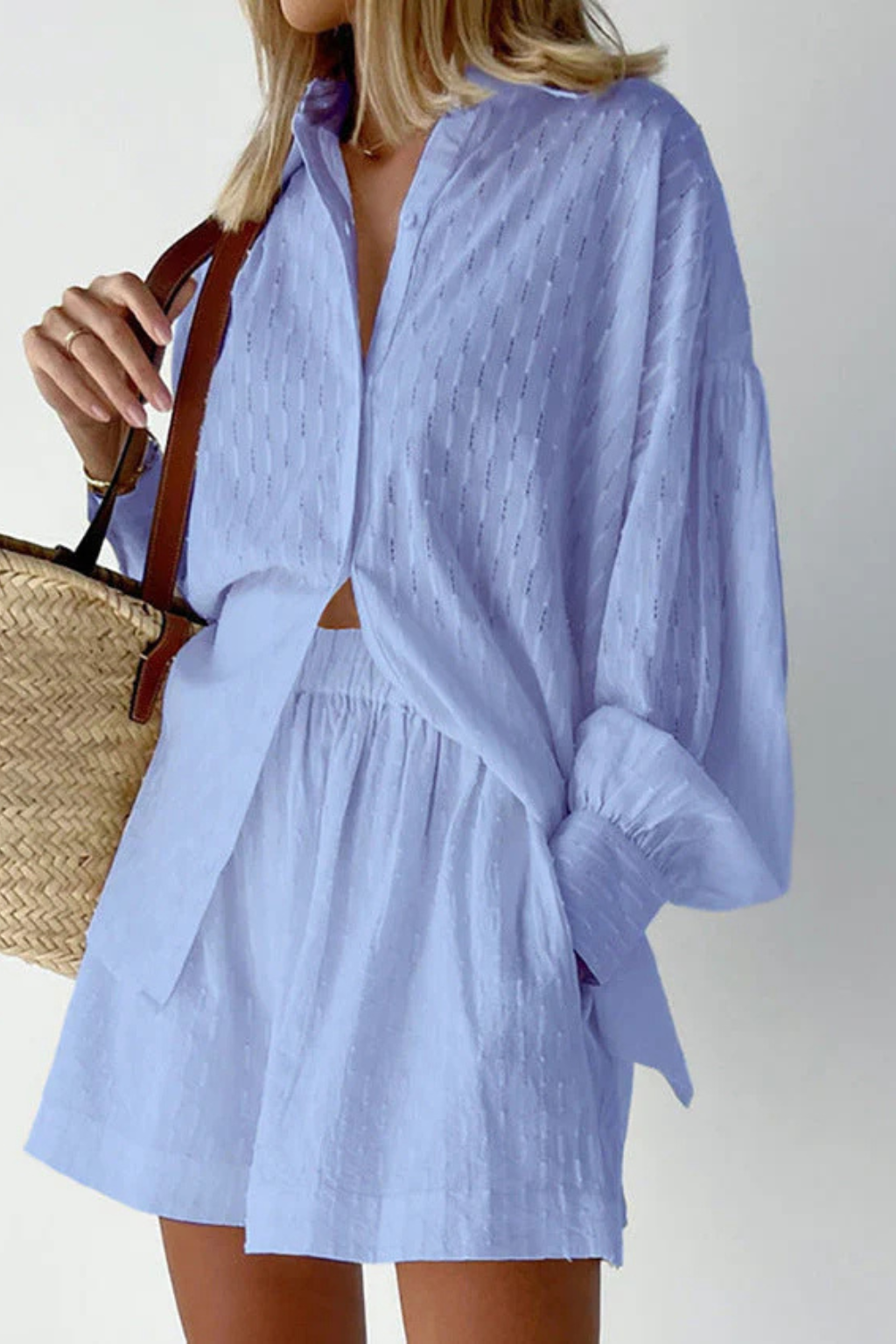 Darla | Women Oversized Long Sleeve Broderie Shirt and Matching Shorts Summer Set