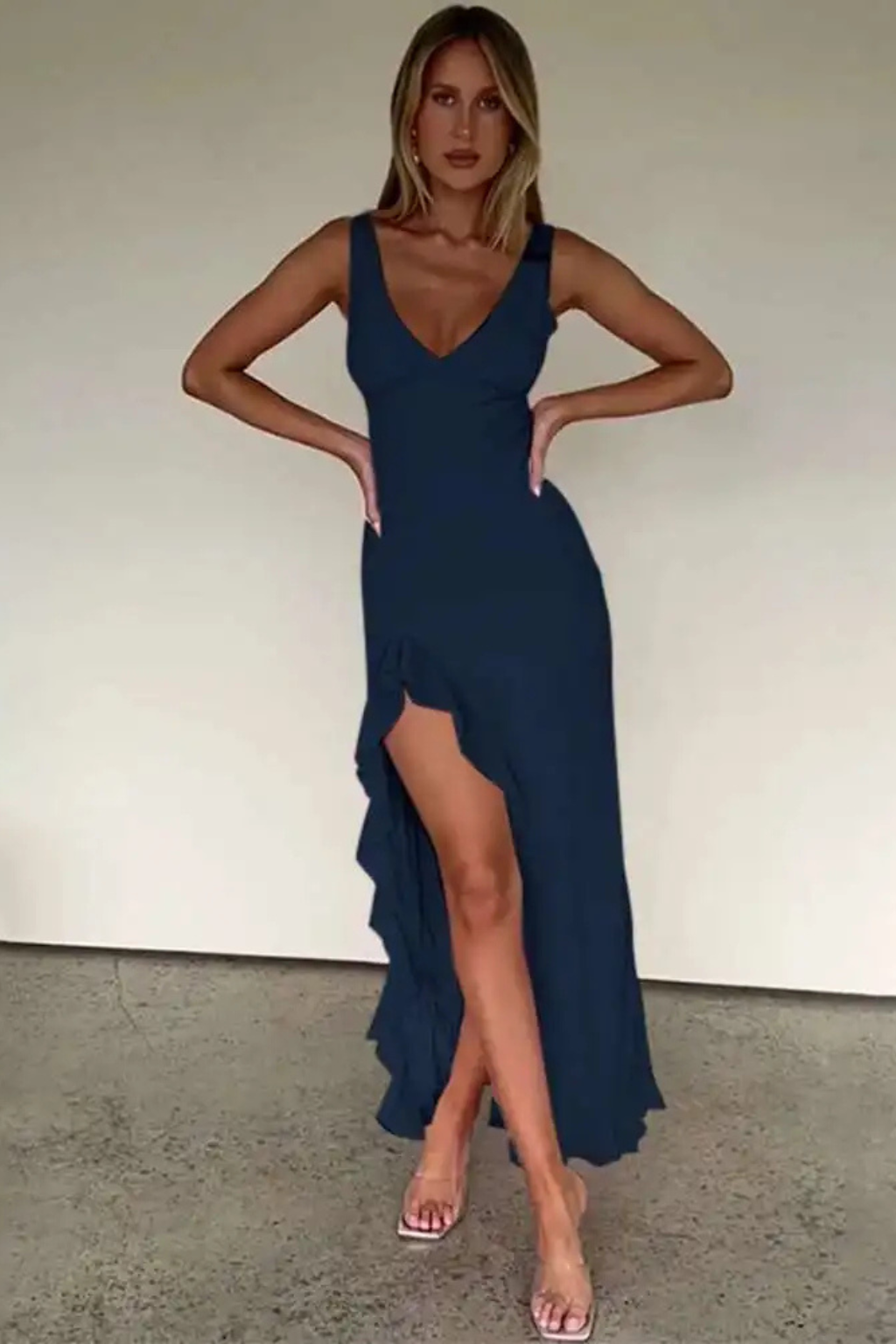 Elise | Women V Neck Ruffle Hem Midi Wedding Guest Dress with Side Split