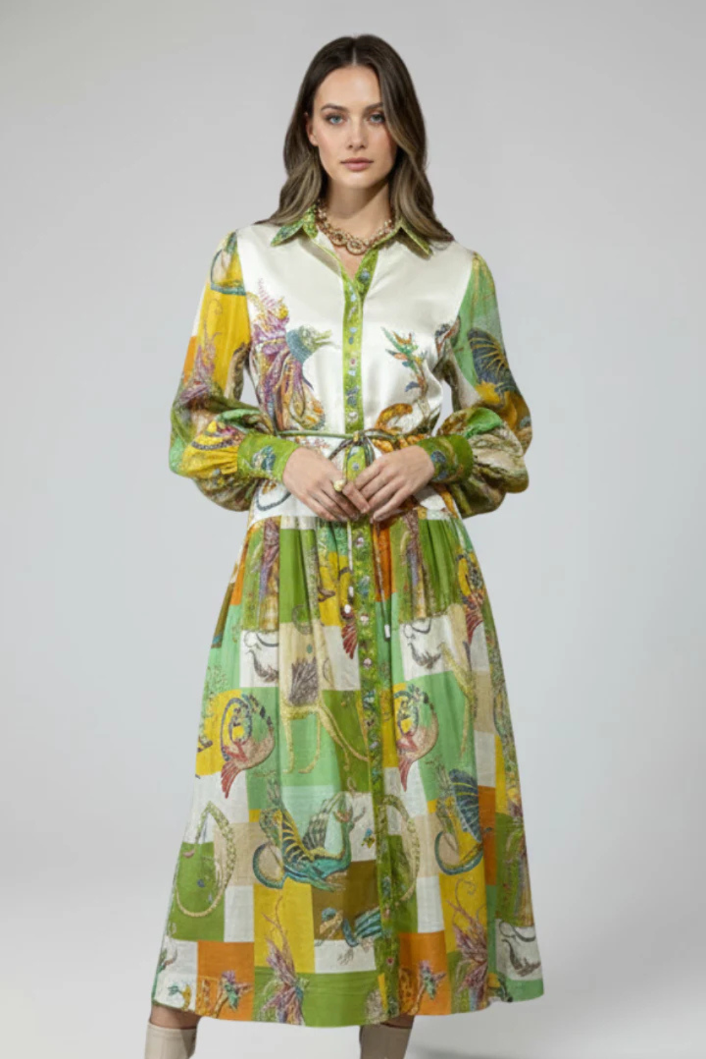 Thea | Women Long Sleeve V Neck Printed Tiered Maxi Dress