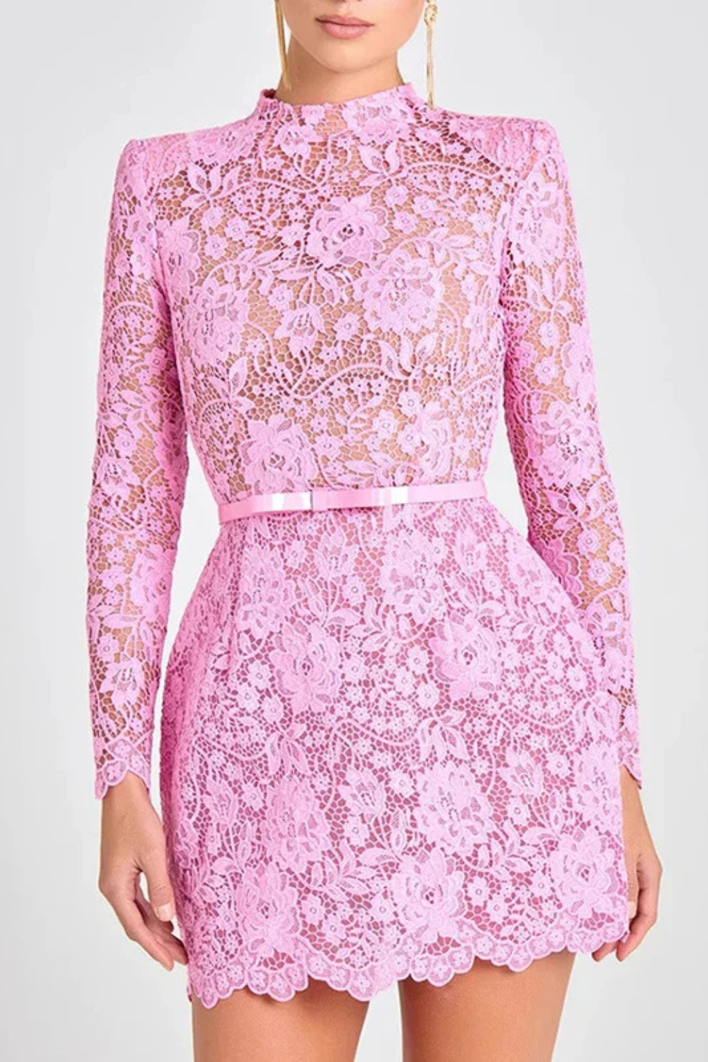 Florrie | Women High Neck Long Sleeve Floral Lace Mini Dress with Belt