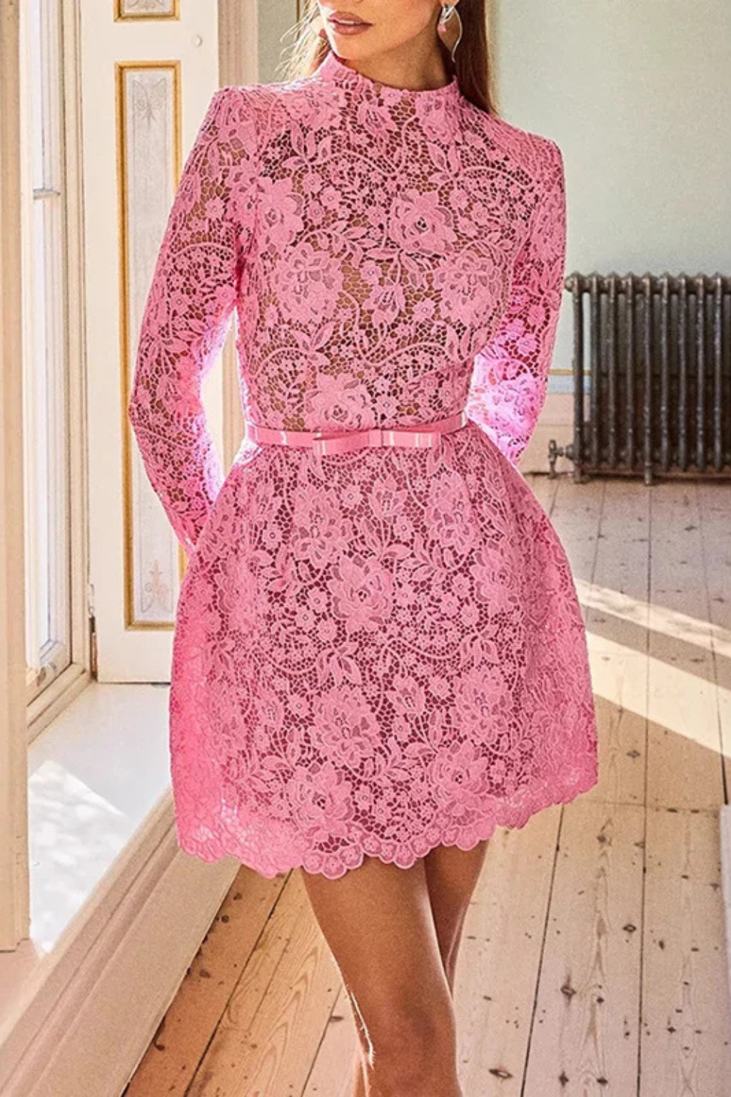 Florrie | Women High Neck Long Sleeve Floral Lace Mini Dress with Belt